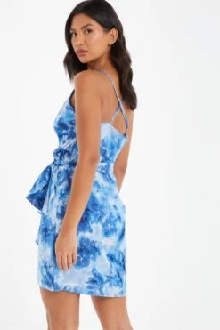 Blue Satin Marble Print Wrap Mini Dress -Women Clothing Sales Store 00100037206 XB