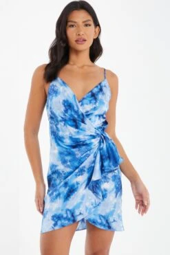 Blue Satin Marble Print Wrap Mini Dress -Women Clothing Sales Store 00100037206 XM