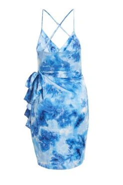 Blue Satin Marble Print Wrap Mini Dress -Women Clothing Sales Store 00100037206 ZB