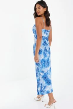 Blue Satin Marble Print Ruched Split Midi Dress -Women Clothing Sales Store 00100037207 XB