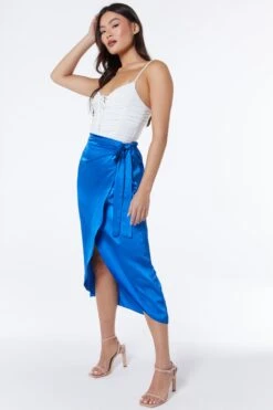 Royal Blue Satin Wrap Midi Skirt -Women Clothing Sales Store 00100037212 XS