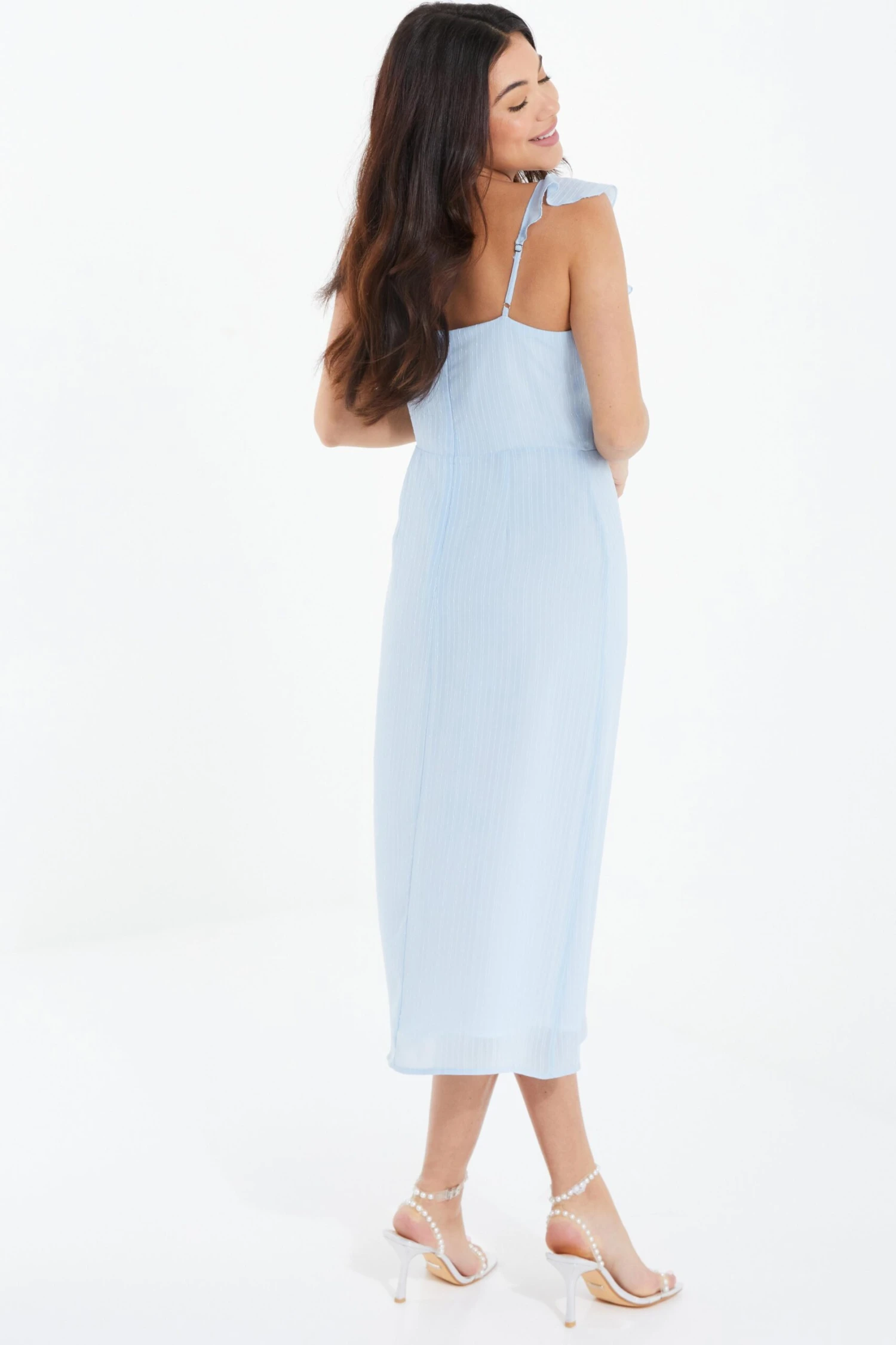 Light Blue Textured Frill Midi Dress 3 Light Blue Textured Frill Midi Dress - Image 3