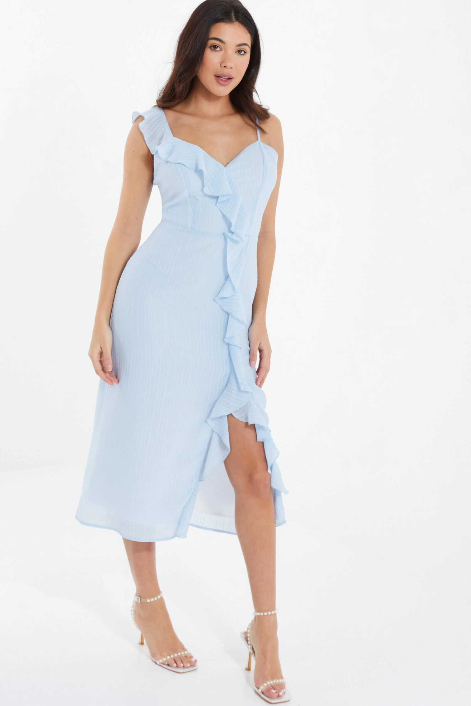 Light Blue Textured Frill Midi Dress 4 Light Blue Textured Frill Midi Dress - Image 4