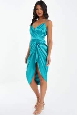 Aqua Wrap Ruched Midi Dress -Women Clothing Sales Store 00100037312 XS