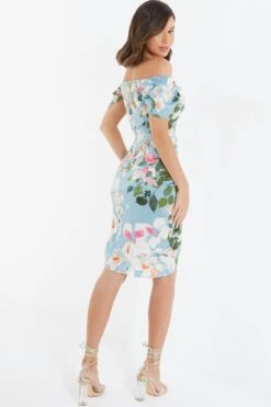 Blue Satin Floral Ruched Midi Dress -Women Clothing Sales Store 00100037316 XB