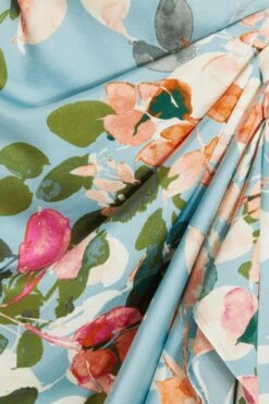 Blue Satin Floral Ruched Midi Dress -Women Clothing Sales Store 00100037316 ZS