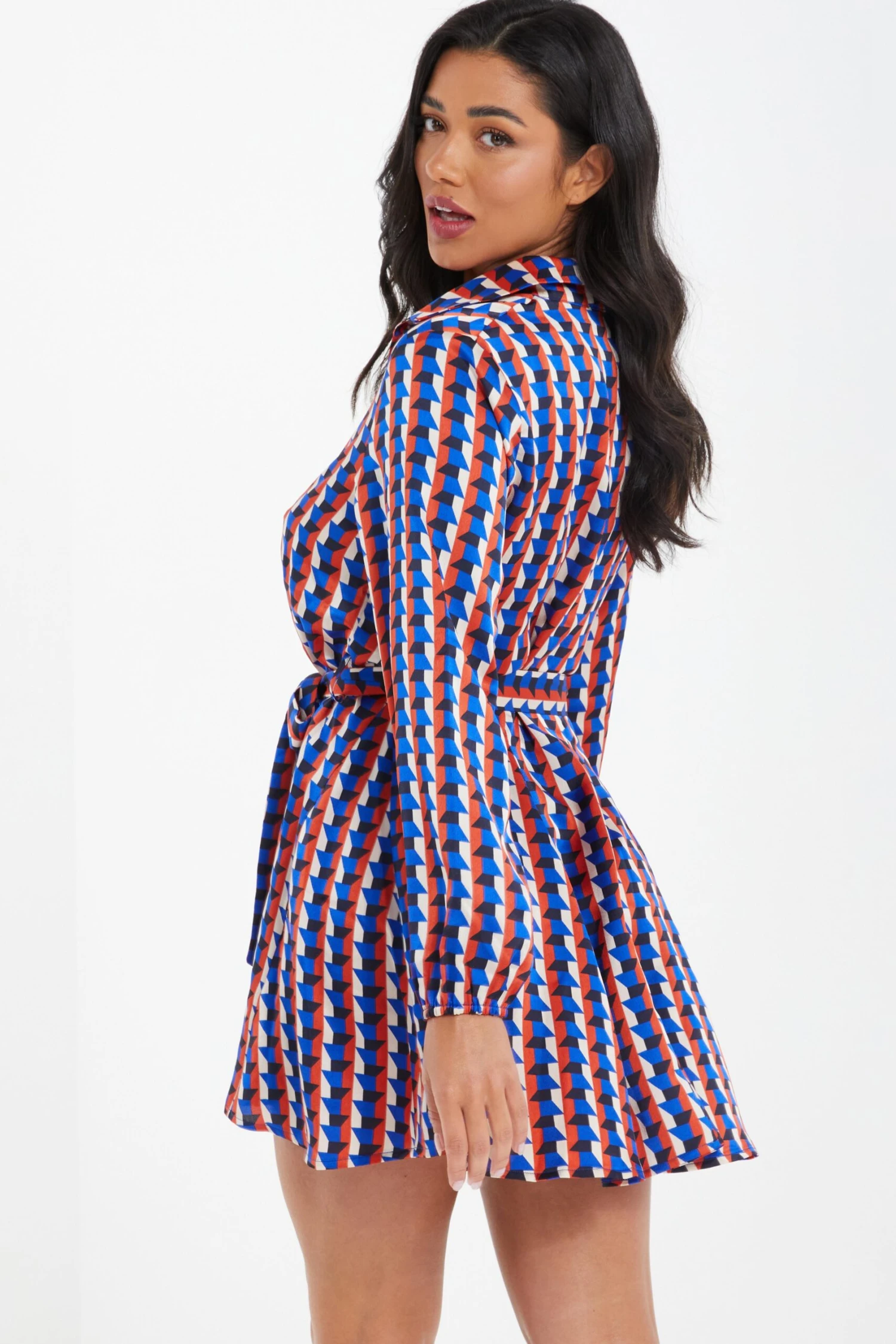 Blue Satin Geometric Mini Shirt Dress 3 Blue Satin Geometric Mini Shirt Dress - Image 3