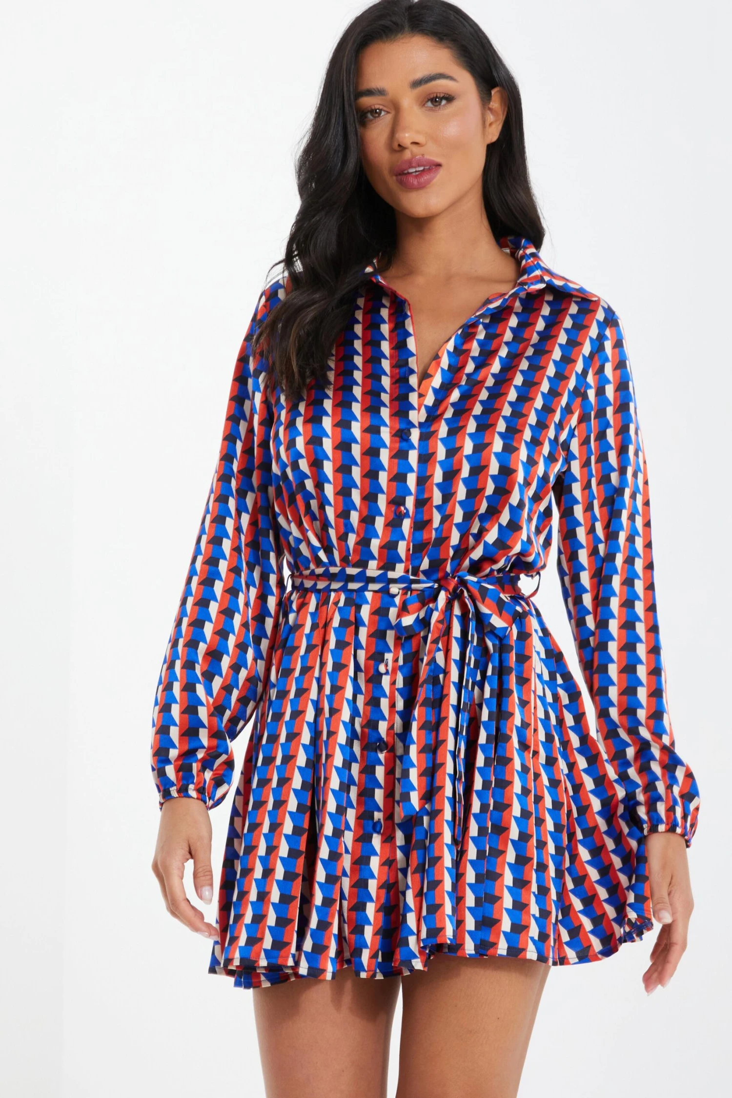 Blue Satin Geometric Mini Shirt Dress 2 Blue Satin Geometric Mini Shirt Dress - Image 2