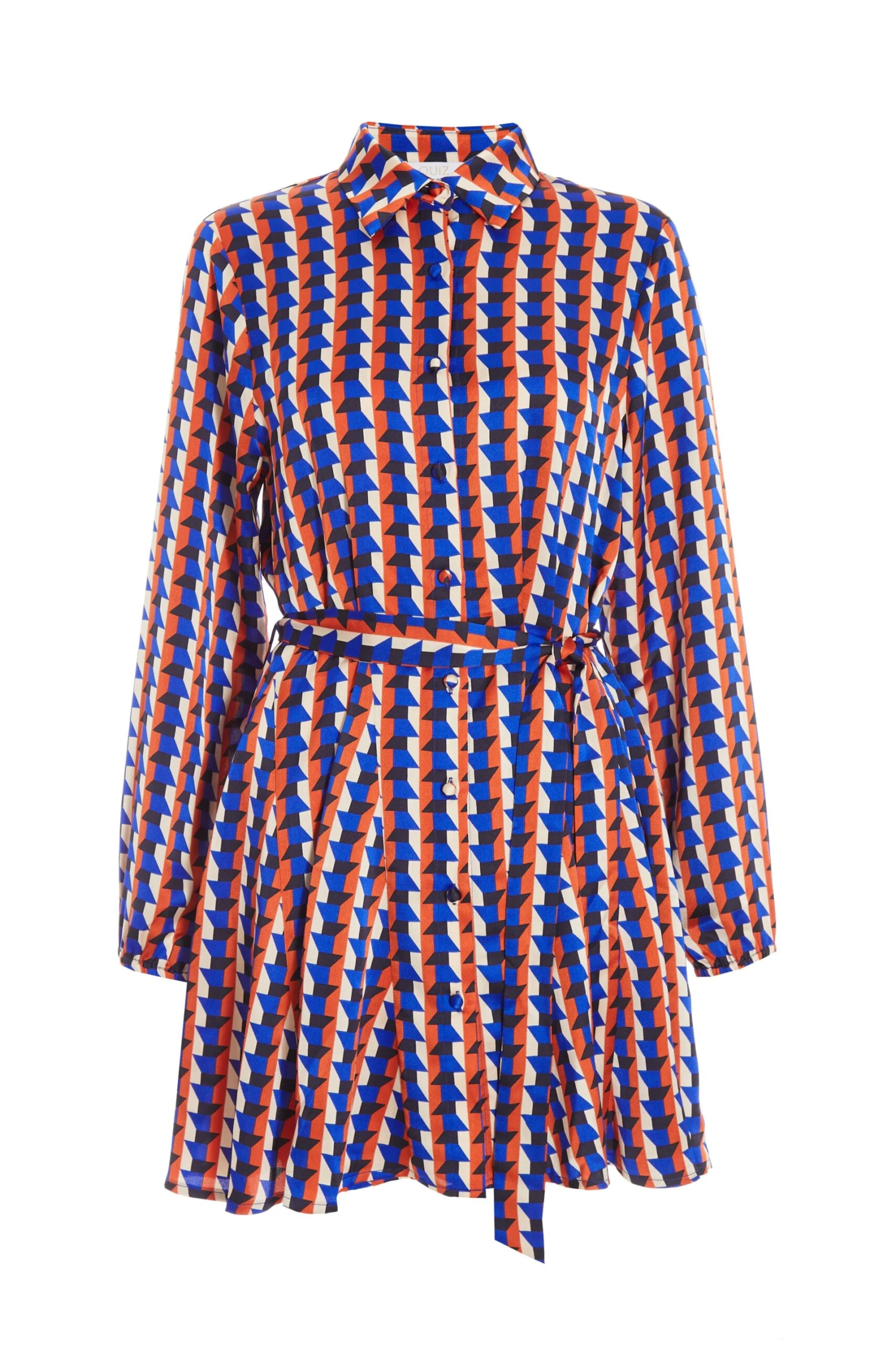 Blue Satin Geometric Mini Shirt Dress 1 Blue Satin Geometric Mini Shirt Dress