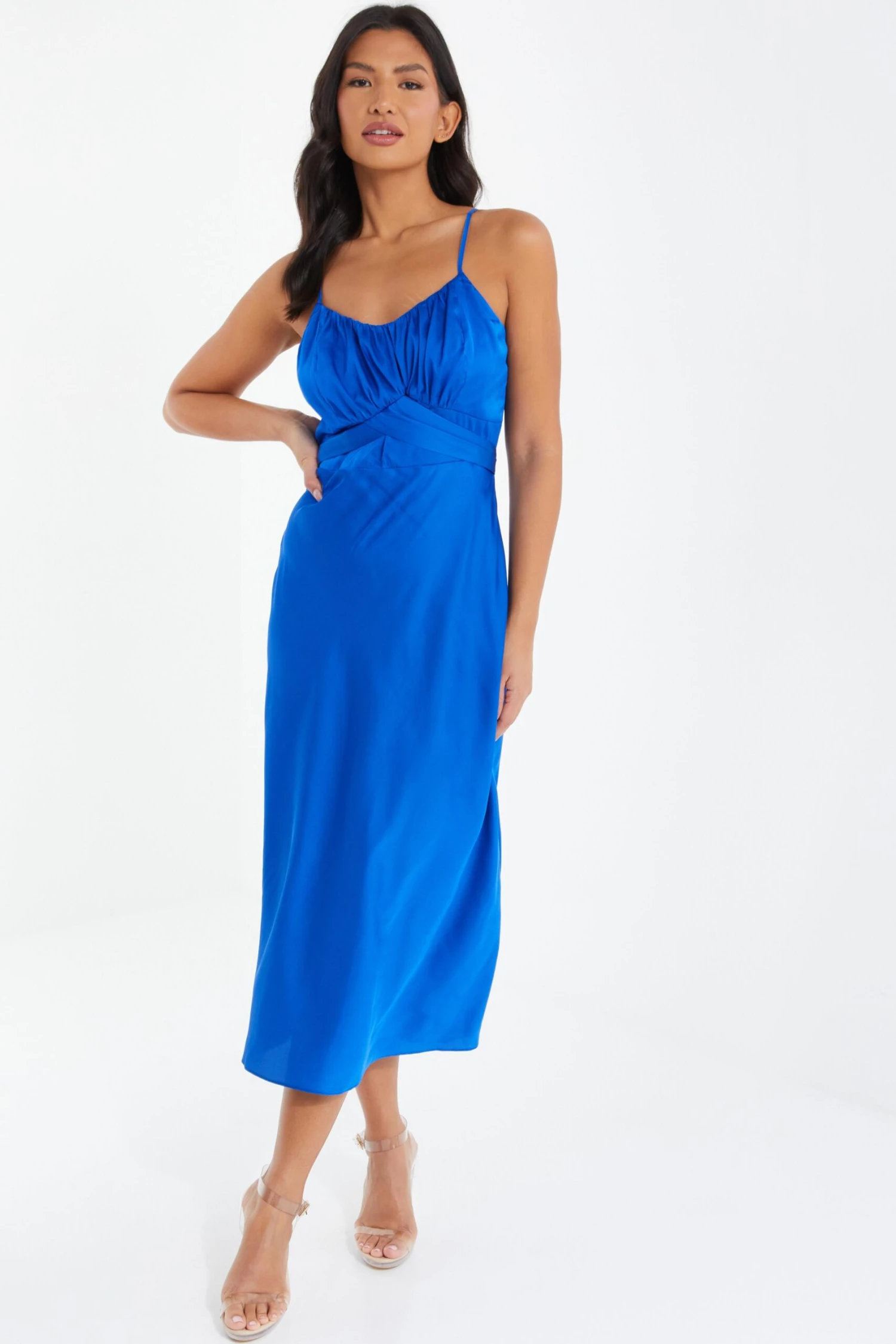 Royal Blue Satin Ruched Midi Dress 2 Royal Blue Satin Ruched Midi Dress - Image 2
