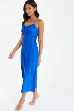 Royal Blue Satin Ruched Midi Dress 9 Royal Blue Satin Ruched Midi Dress -Women Clothing Sales Store 00100037344 XS