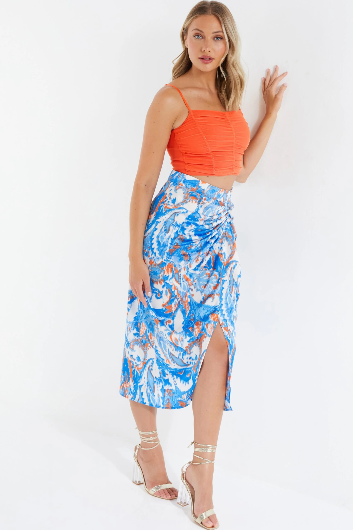 Blue Satin Aztec Print Ruched Midi Skirt 4 Blue Satin Aztec Print Ruched Midi Skirt - Image 4