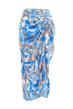Blue Satin Aztec Print Ruched Midi Skirt