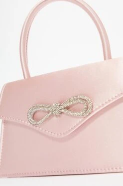 Pale Pink Satin Diamante Bow Mini Tote Bag -Women Clothing Sales Store 00100037359 ZS