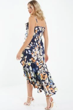 Navy Floral Satin Frill Wrap Midi Dress -Women Clothing Sales Store 00100037367 XB