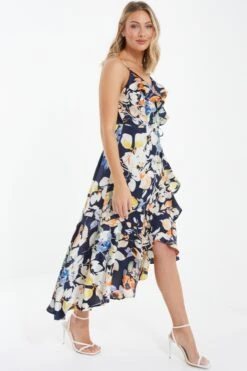 Navy Floral Satin Frill Wrap Midi Dress -Women Clothing Sales Store 00100037367 XS