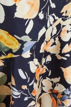 Navy Floral Satin Frill Wrap Midi Dress -Women Clothing Sales Store 00100037367 ZS