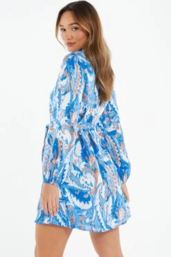 Blue Marble Print Shirt Mini Dress -Women Clothing Sales Store 00100037368 XB