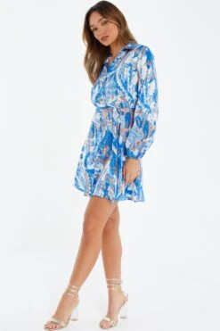 Blue Marble Print Shirt Mini Dress -Women Clothing Sales Store 00100037368 XS