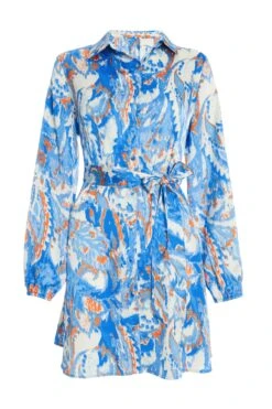 Blue Marble Print Shirt Mini Dress
