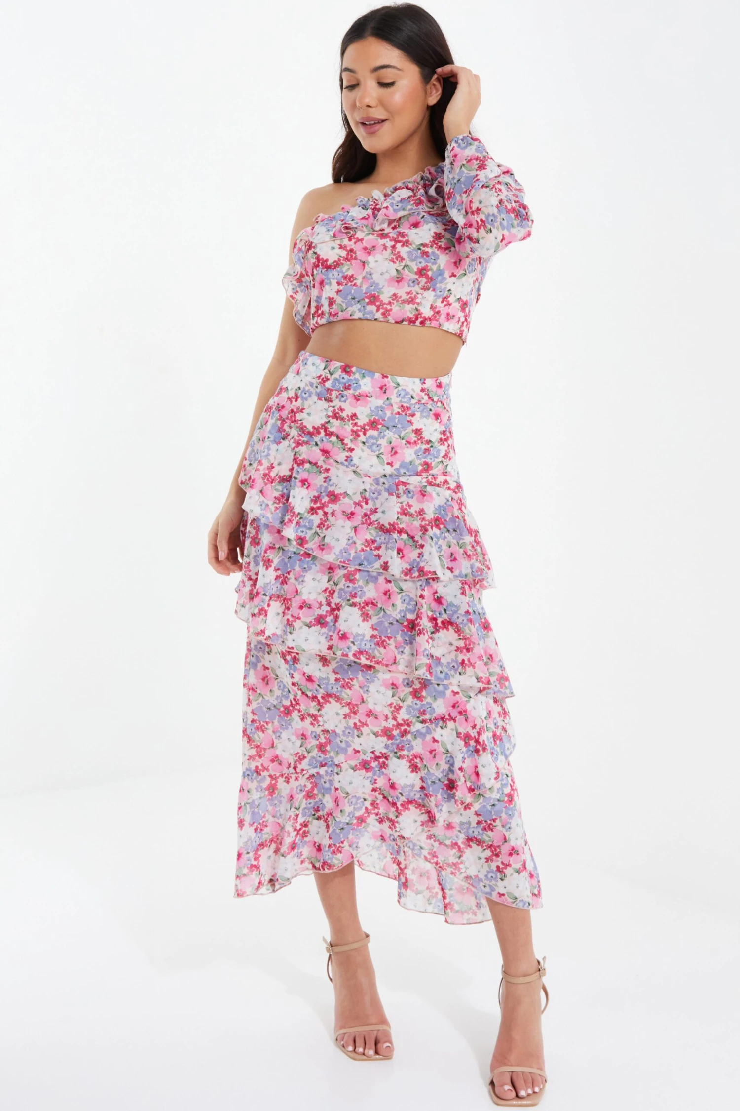 Multicoloured Chiffon Floral Frill Midi Skirt 2 Multicoloured Chiffon Floral Frill Midi Skirt - Image 2