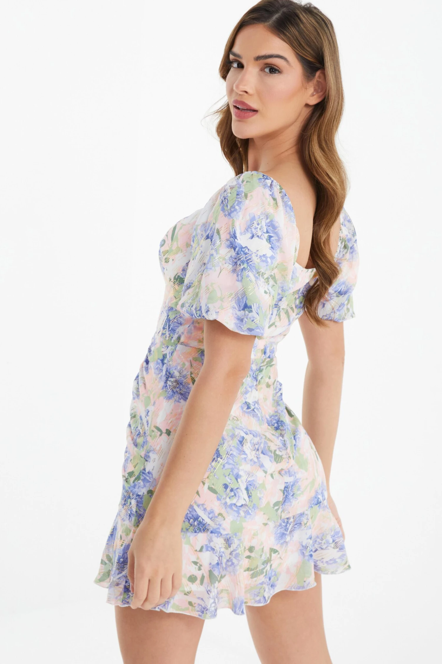 Pink Floral Chiffon Ruched Mini Dress 3 Pink Floral Chiffon Ruched Mini Dress - Image 3