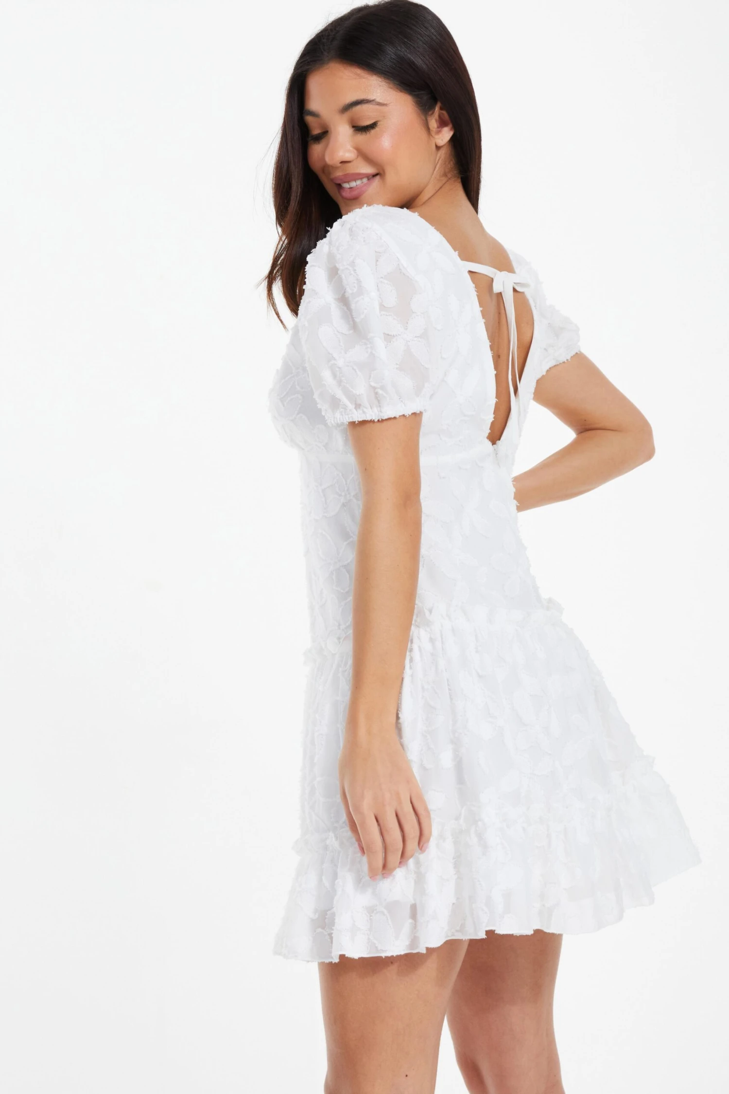 White Chiffon Floral Smock Mini Dress 3 White Chiffon Floral Smock Mini Dress - Image 3