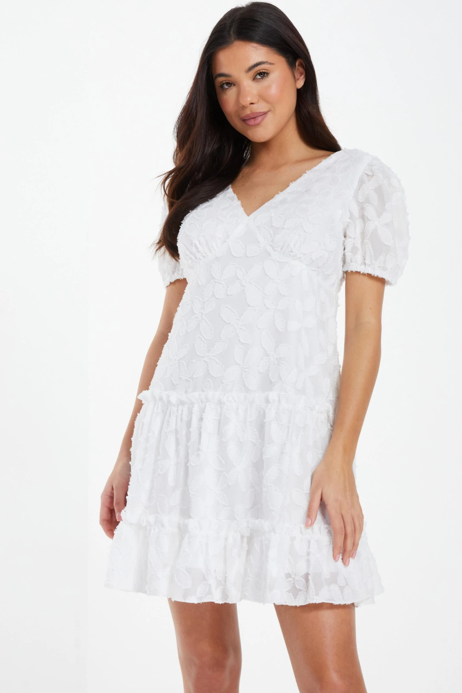 White Chiffon Floral Smock Mini Dress 2 White Chiffon Floral Smock Mini Dress - Image 2