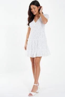 White Chiffon Floral Smock Mini Dress 9 White Chiffon Floral Smock Mini Dress -Women Clothing Sales Store 00100037383 XS