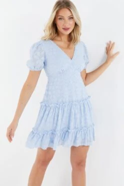 Blue Chiffon Floral Smock Mini Dress 7 Blue Chiffon Floral Smock Mini Dress -Women Clothing Sales Store 00100037384 XM
