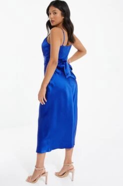 Petite Royal Blue Satin Ruched Midi Dress -Women Clothing Sales Store 00100037385 XB