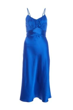 Petite Royal Blue Satin Ruched Midi Dress