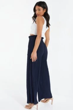 Petite Navy Pleated Wide Leg Trousers -Women Clothing Sales Store 00100037393 XB