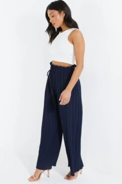 Petite Navy Pleated Wide Leg Trousers -Women Clothing Sales Store 00100037393 XS