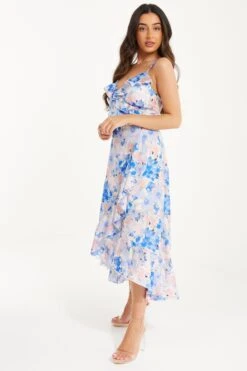 Petite Blue Floral Chiffon Wrap Midi Dress -Women Clothing Sales Store 00100037405 XS