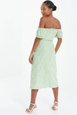 Sage Green Jacquard Bardot Midi Dress 8 Sage Green Jacquard Bardot Midi Dress -Women Clothing Sales Store 00100037420 XB