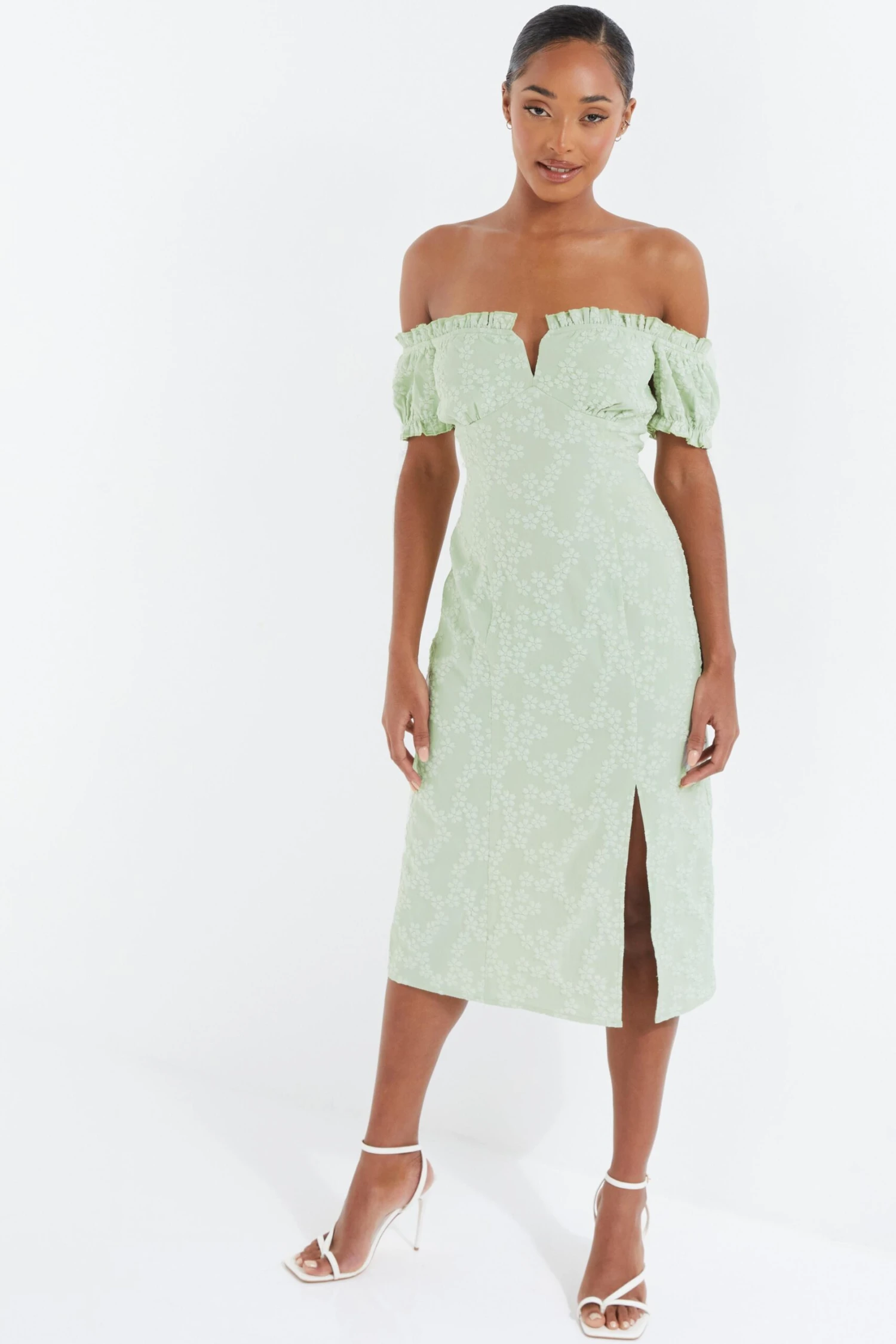 Sage Green Jacquard Bardot Midi Dress 2 Sage Green Jacquard Bardot Midi Dress - Image 2