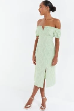 Sage Green Jacquard Bardot Midi Dress 9 Sage Green Jacquard Bardot Midi Dress -Women Clothing Sales Store 00100037420 XS