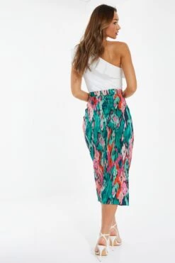 Green Satin Marble Print Ruched Midi Skirt -Women Clothing Sales Store 00100037460 XB