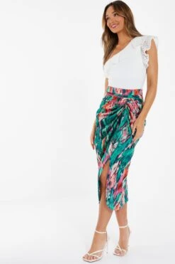 Green Satin Marble Print Ruched Midi Skirt -Women Clothing Sales Store 00100037460 XS