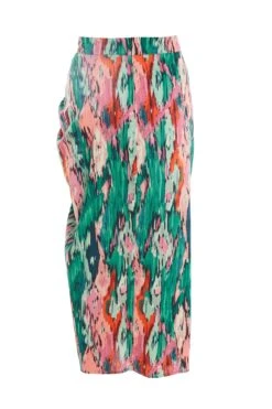 Green Satin Marble Print Ruched Midi Skirt -Women Clothing Sales Store 00100037460 ZB