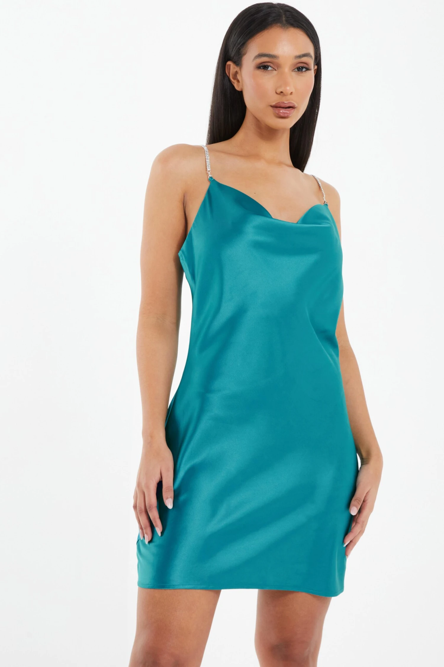 Aqua Blue Diamante Satin Mini Dress 2 Aqua Blue Diamante Satin Mini Dress - Image 2