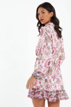Pink Satin Paisley Print Mini Shirt Dress -Women Clothing Sales Store 00100037473 XB