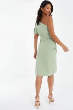 Sage Green One Shoulder Ruched Midi Dress 8 Sage Green One Shoulder Ruched Midi Dress -Women Clothing Sales Store 00100037478 XB