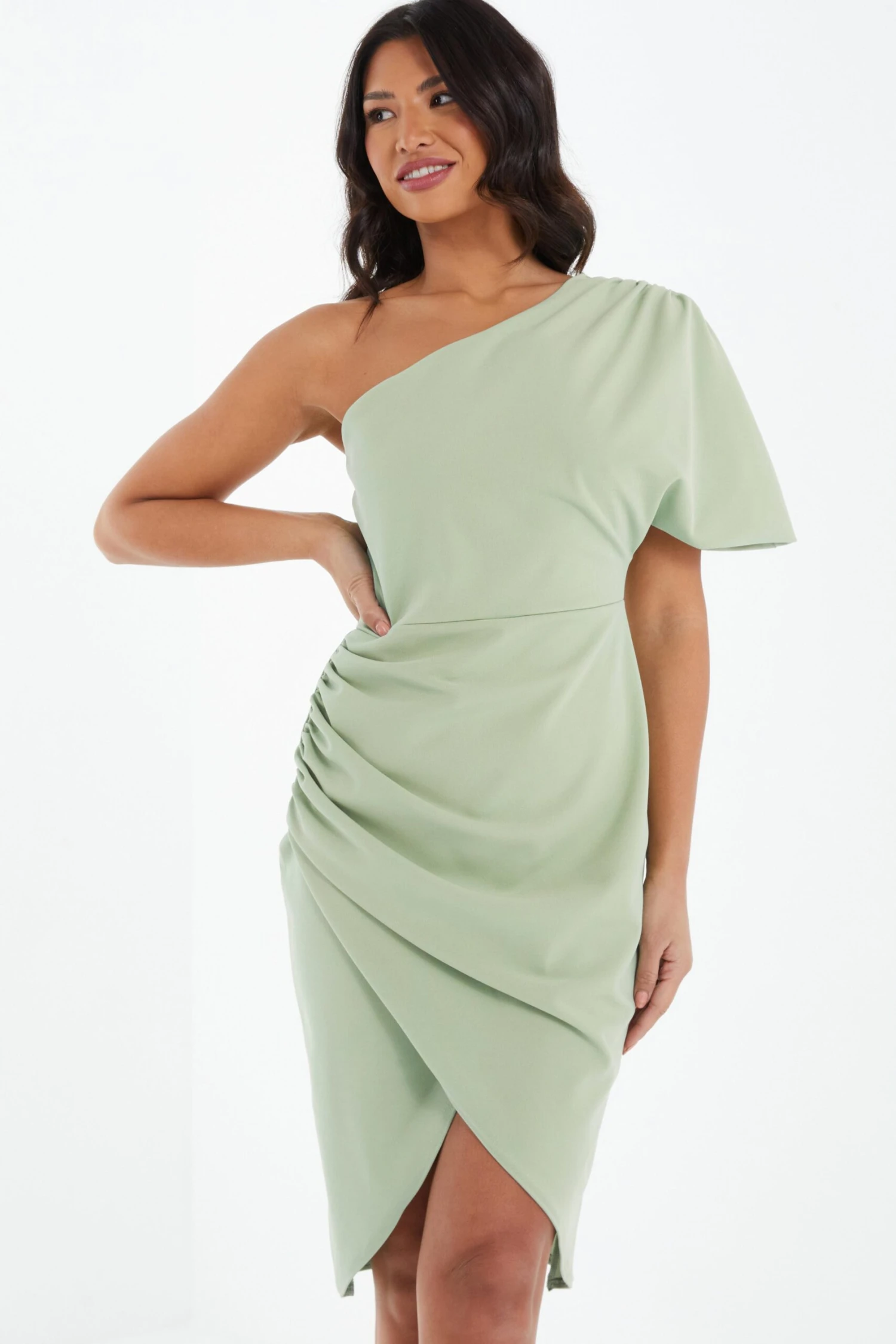 Sage Green One Shoulder Ruched Midi Dress 2 Sage Green One Shoulder Ruched Midi Dress - Image 2
