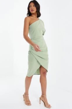 Sage Green One Shoulder Ruched Midi Dress 9 Sage Green One Shoulder Ruched Midi Dress -Women Clothing Sales Store 00100037478 XS