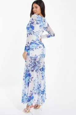 Blue Floral Mesh Maxi Dress -Women Clothing Sales Store 00100037489 XB