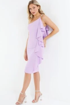 Lilac One Shoulder Frill Midi Dress -Women Clothing Sales Store 00100037493 XS