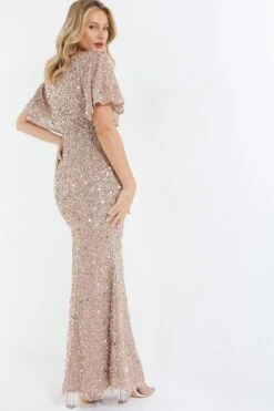 Taupe Sequin Batwing Maxi Dress -Women Clothing Sales Store 00100037505 XB