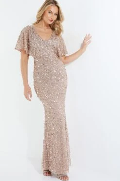Taupe Sequin Batwing Maxi Dress -Women Clothing Sales Store 00100037505 XM